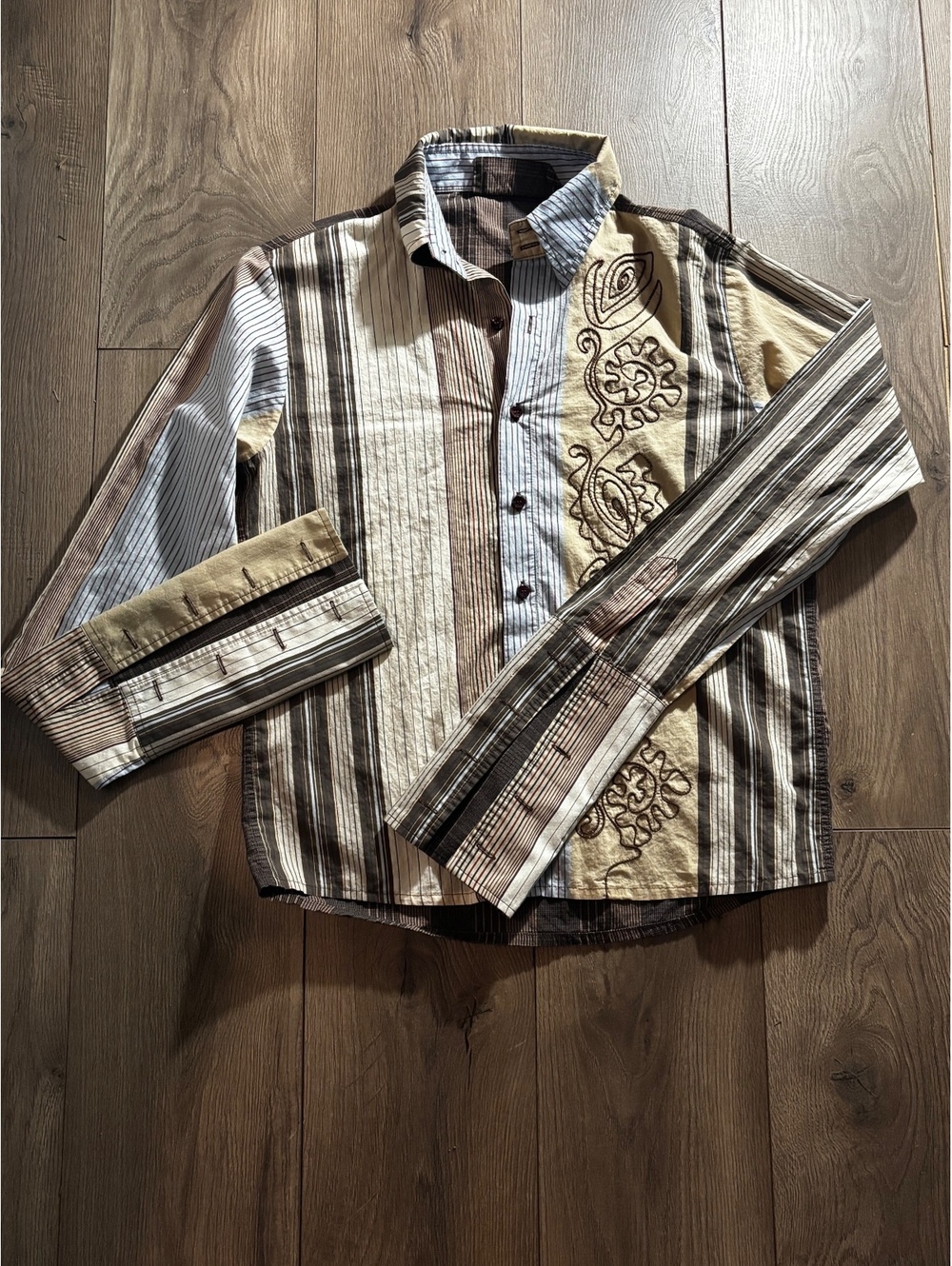 Save The Queen Men's Striped Button-Up Shirt with Embroidered Detail, Size L